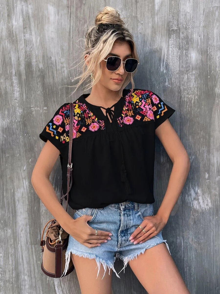 Women's Summer Embroidery Tassel Batwing Sleeve Shirt Blouses
