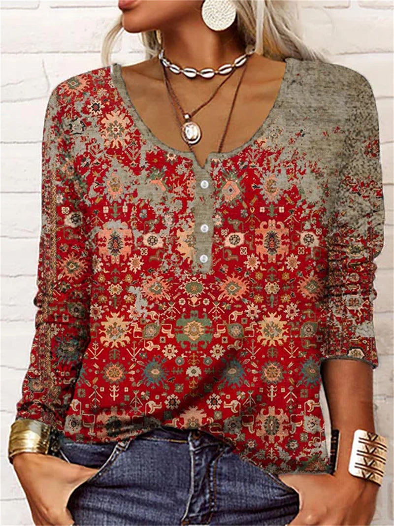 Women's Loose Long-sleeved Geometric Floral U-neck Button Blouses