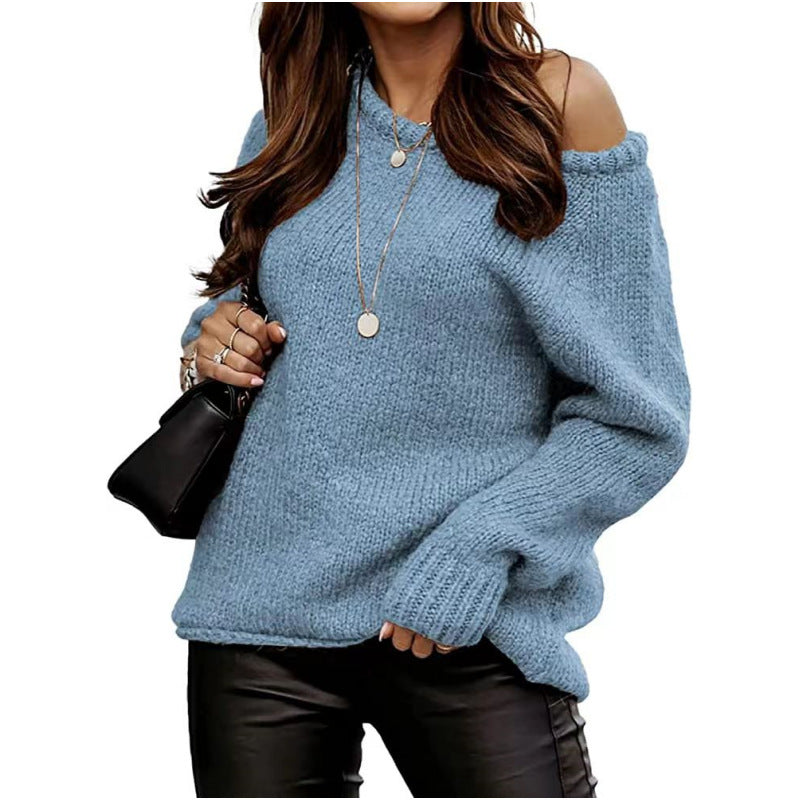 Women's Strapless Sexy Round Neck Pullover Solid Sweaters