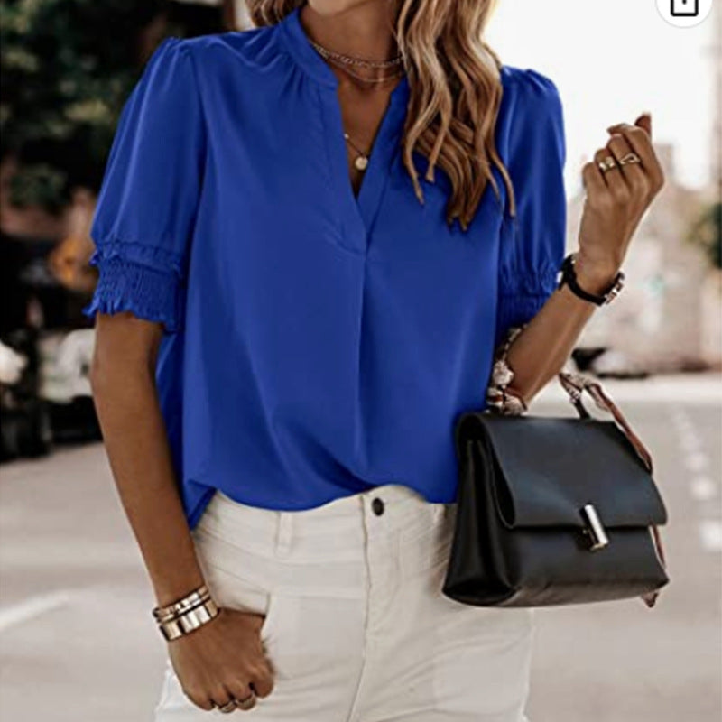 Women's New V-neck Short-sleeved Solid Color Blouses