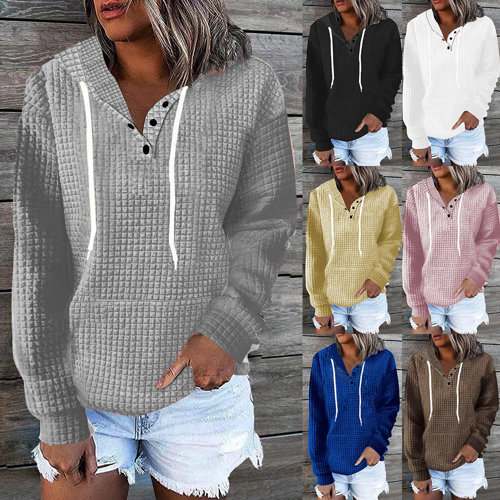 Women's Pure Color Casual Versatile Button Hooded Sweaters