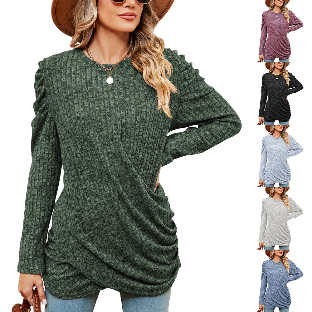 Women's Color Round Neck Twist Long Sleeve Blouses