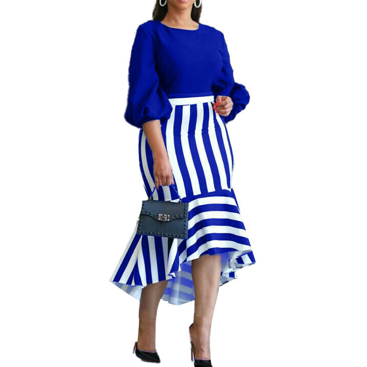 Women's Striped Irregular Stitching Fishtail Temperament Commute Dresses