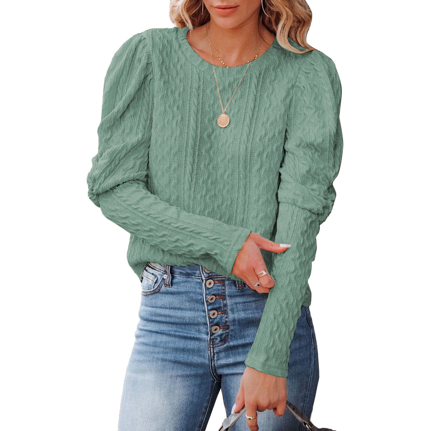 Women's Solid Color Jacquard Round Neck Gigot Sweaters