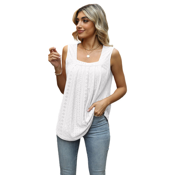 Women's Pleated Hollow-out Square Collar Sleeveless Dovetail Blouses