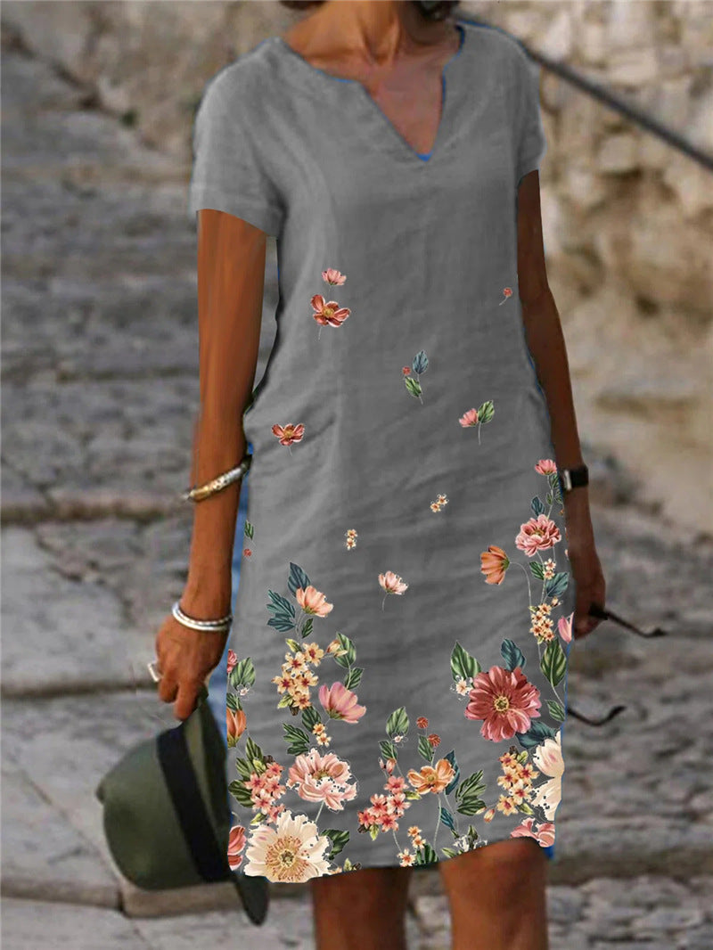 Women's Printed Cotton Linen Sleeve Midi V-neck Dresses