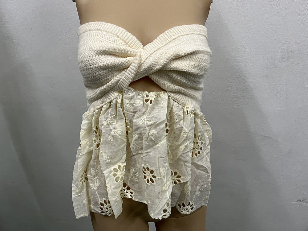 Women's Tie Hollow Embroidery Stitching Strapless Tube Sweaters