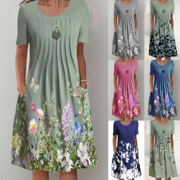 Women's Floral Print Round Neck Pocket Mid-length Dresses