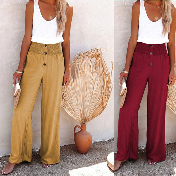 Women's High Waist Loose Long Cotton Linen Wide Leg Elastic Pants