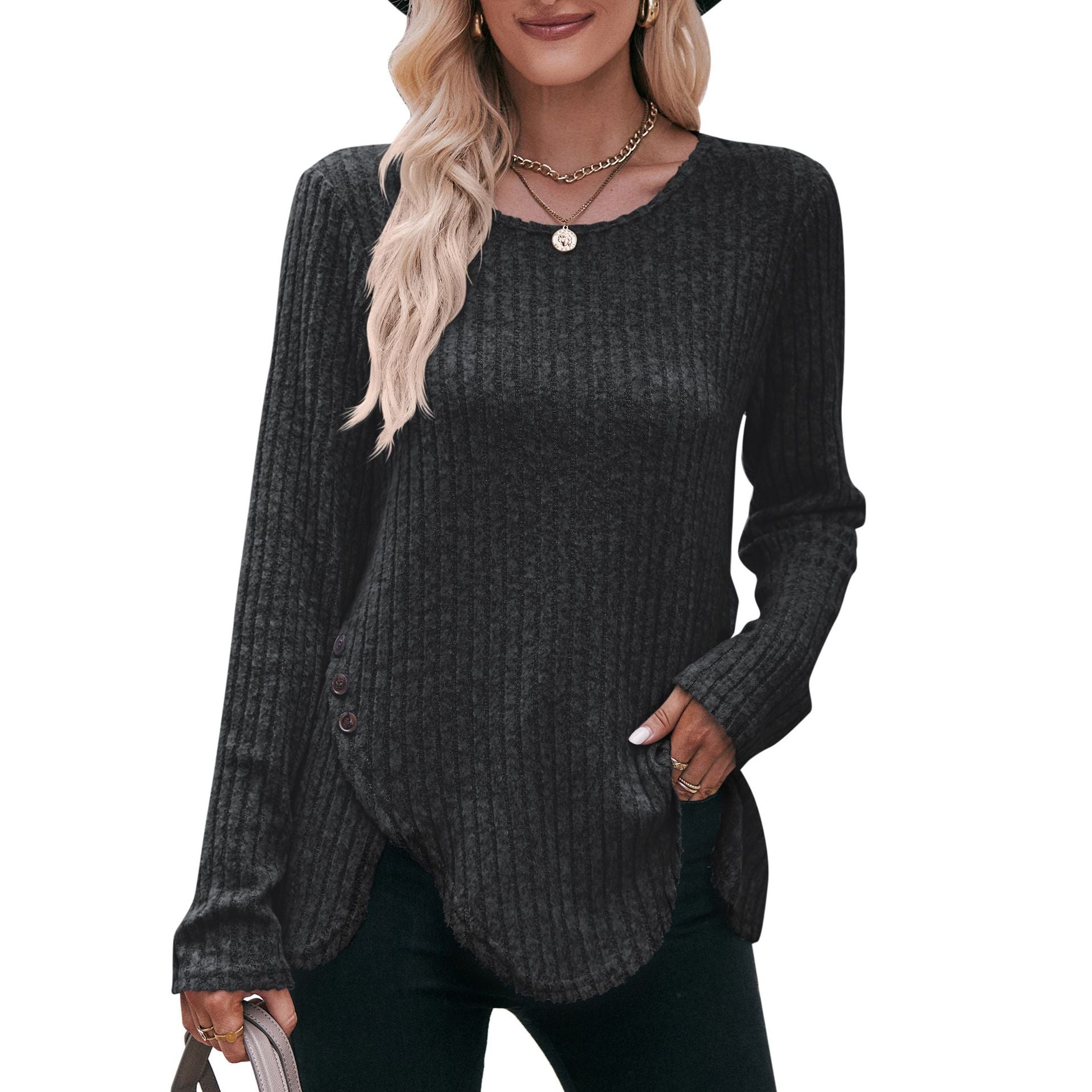 Women's Sunken Stripe Brushed Solid Color Long Sleeve Tops