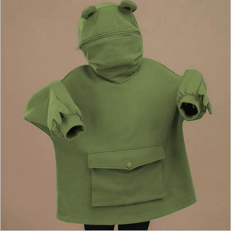 Women's Vacuum Brushed Hoody Mid-length Design Super Cute Frog Sweaters