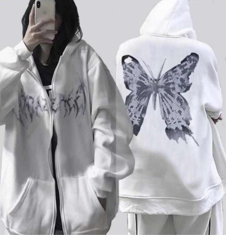 Women's Hooded Zipper Letter Butterfly Printing Veet Sweaters