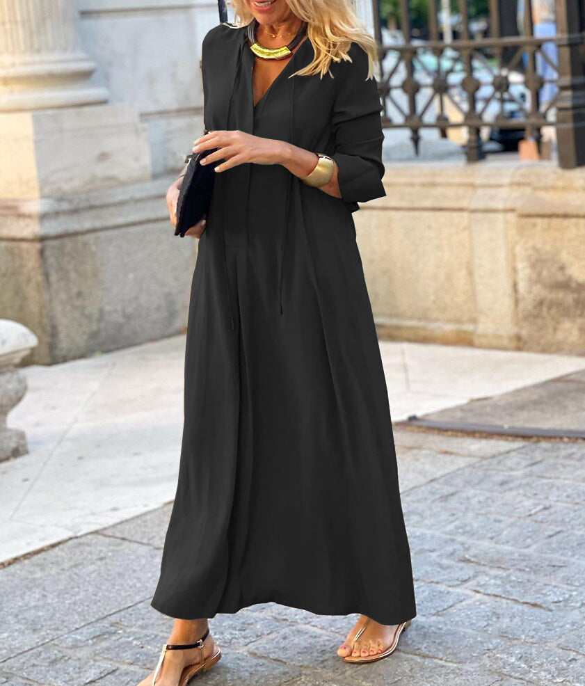 Solid Color V-neck Long Sleeve Simple Casual Dresses