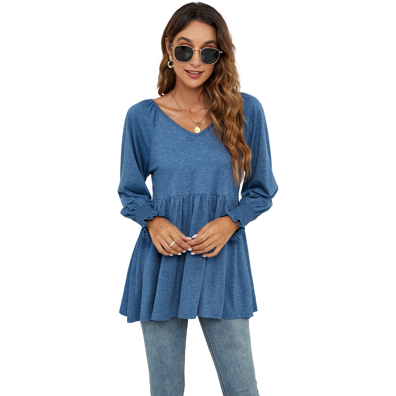 Women's V-neck Bubble Long Sleeve Waist T-shirt Tops