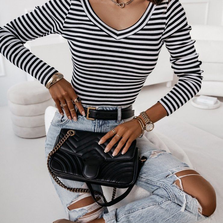 Trendy Classy Creative Striped Sunken Stripe Blouses