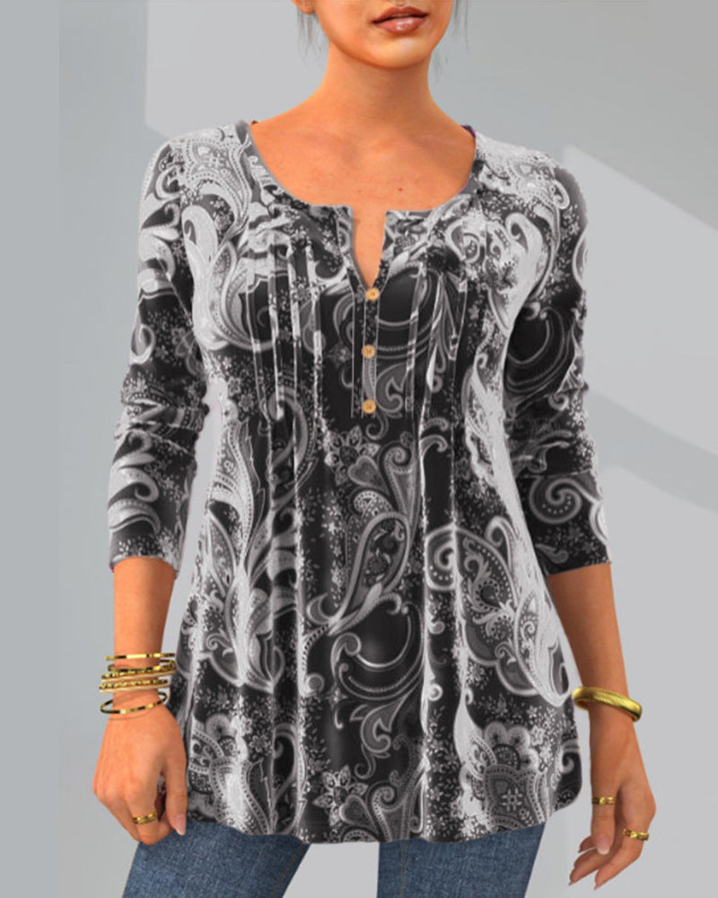 Women's Spring Print Round Neck Long-sleeved Blouses