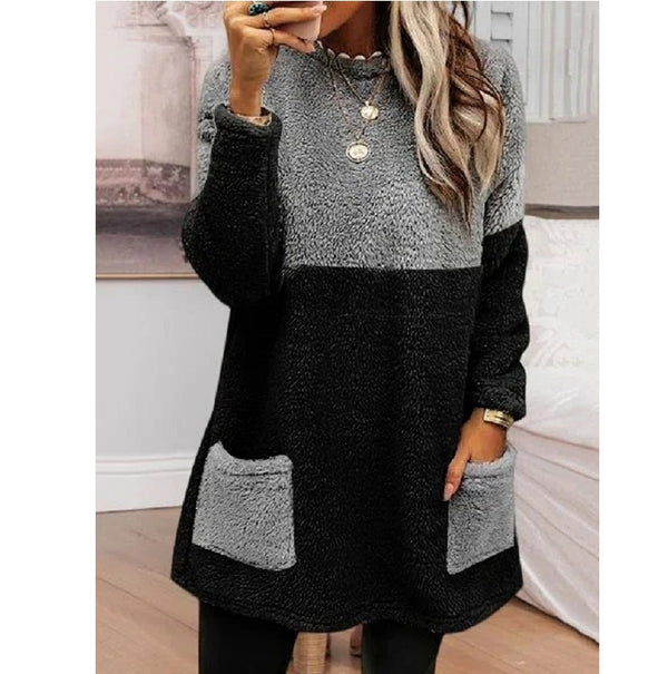 Women's Round Neck Patchwork Pocket Long Sleeve Double-sided Sweaters