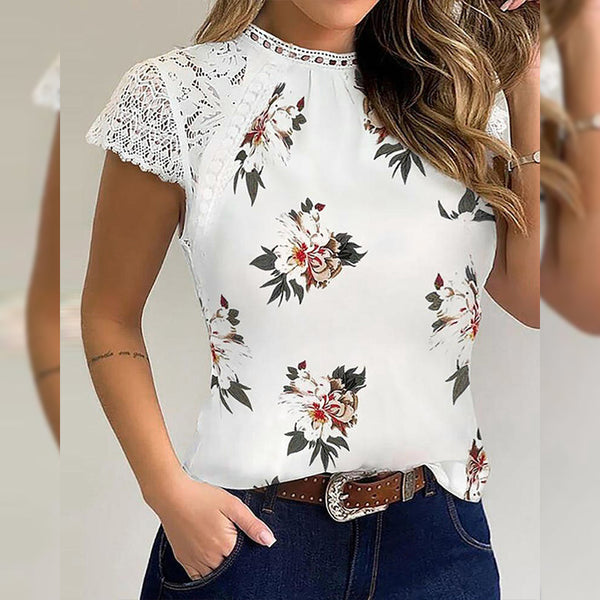 Women's Summer Round Neck Raglan Sleeve Floral Blouses