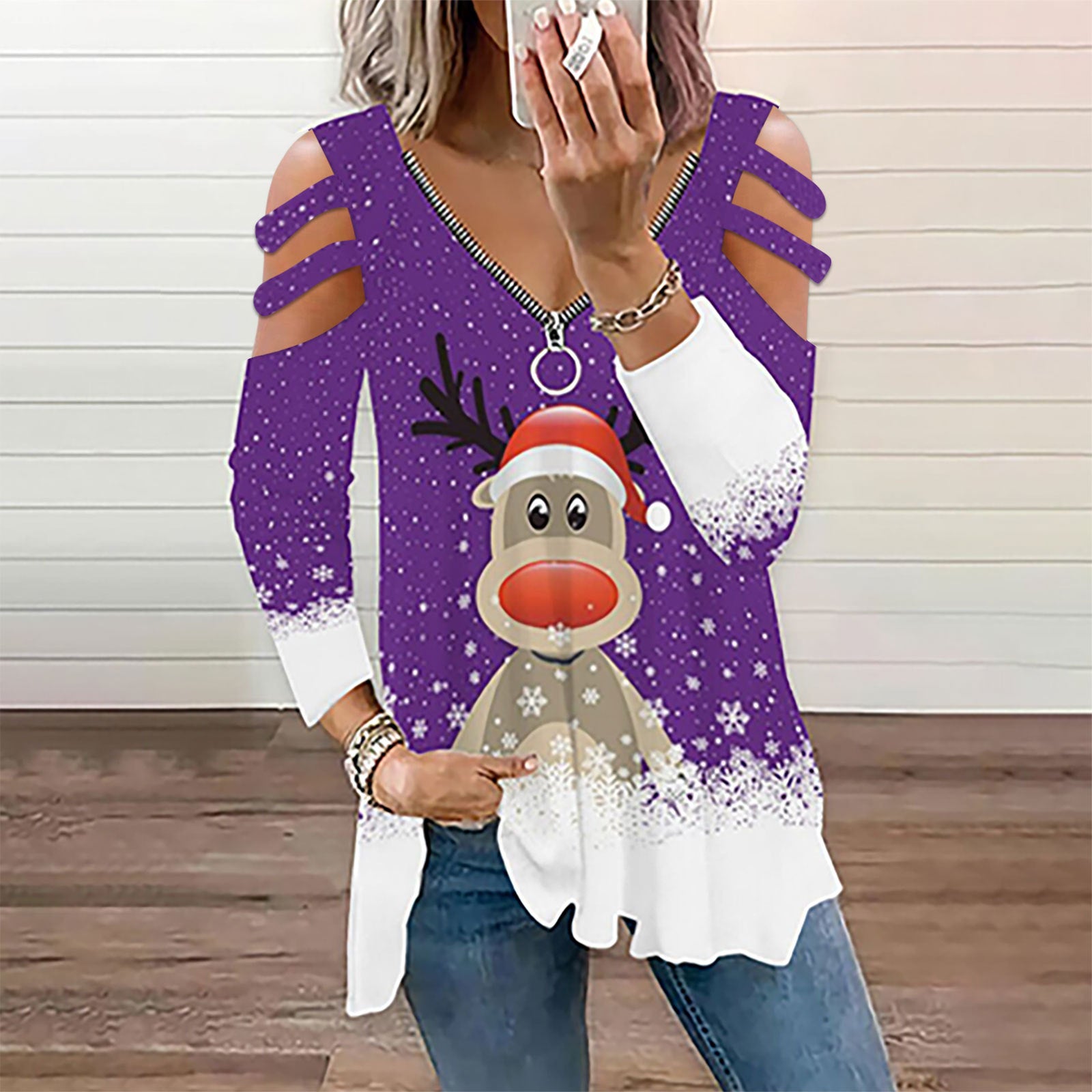 Christmas Elk Digital Printing Loose V-neck Long-sleeve Zipper Tops