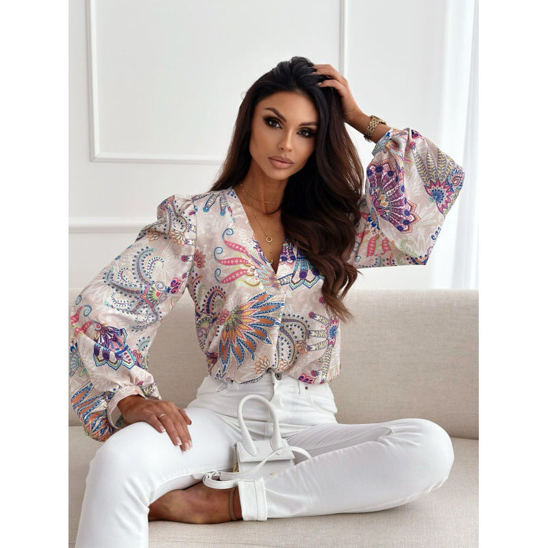 Women's Fashionable Digital Printed Long-sleeved For Blouses