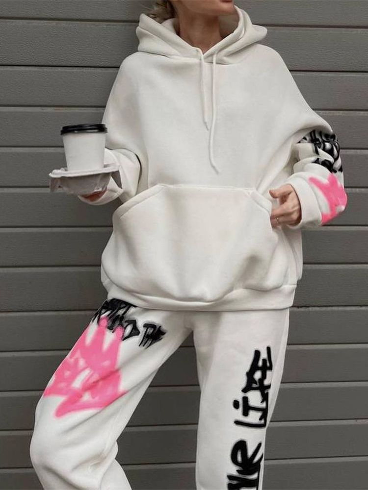 Women's Basic Street Graffiti Printing Hoodie Trousers Suits