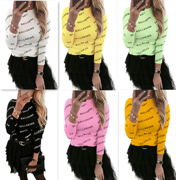 Women's Letter Print Long Sleeve Slim Elastic Blouses