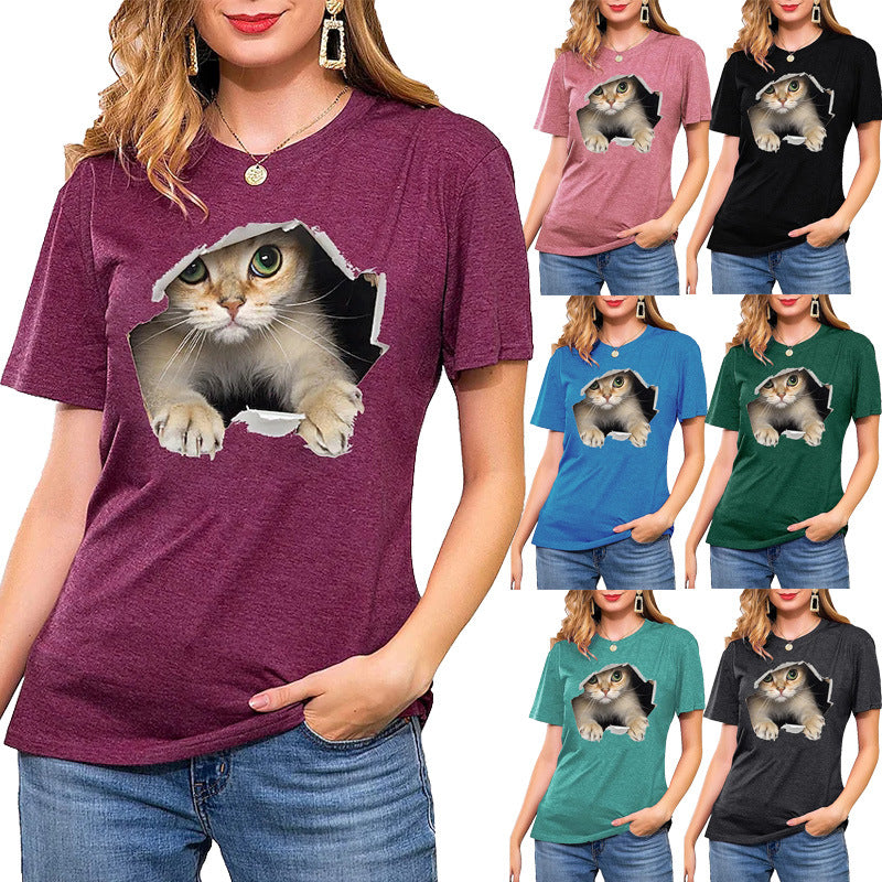 Women's Cat Pattern Pullover Loose Sleeve Blouses