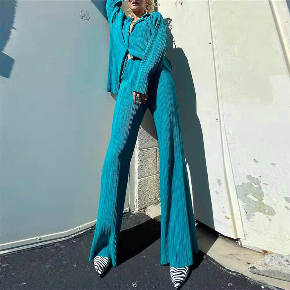 Women's Solid Color Loose Smooth Pleated Casual Suits