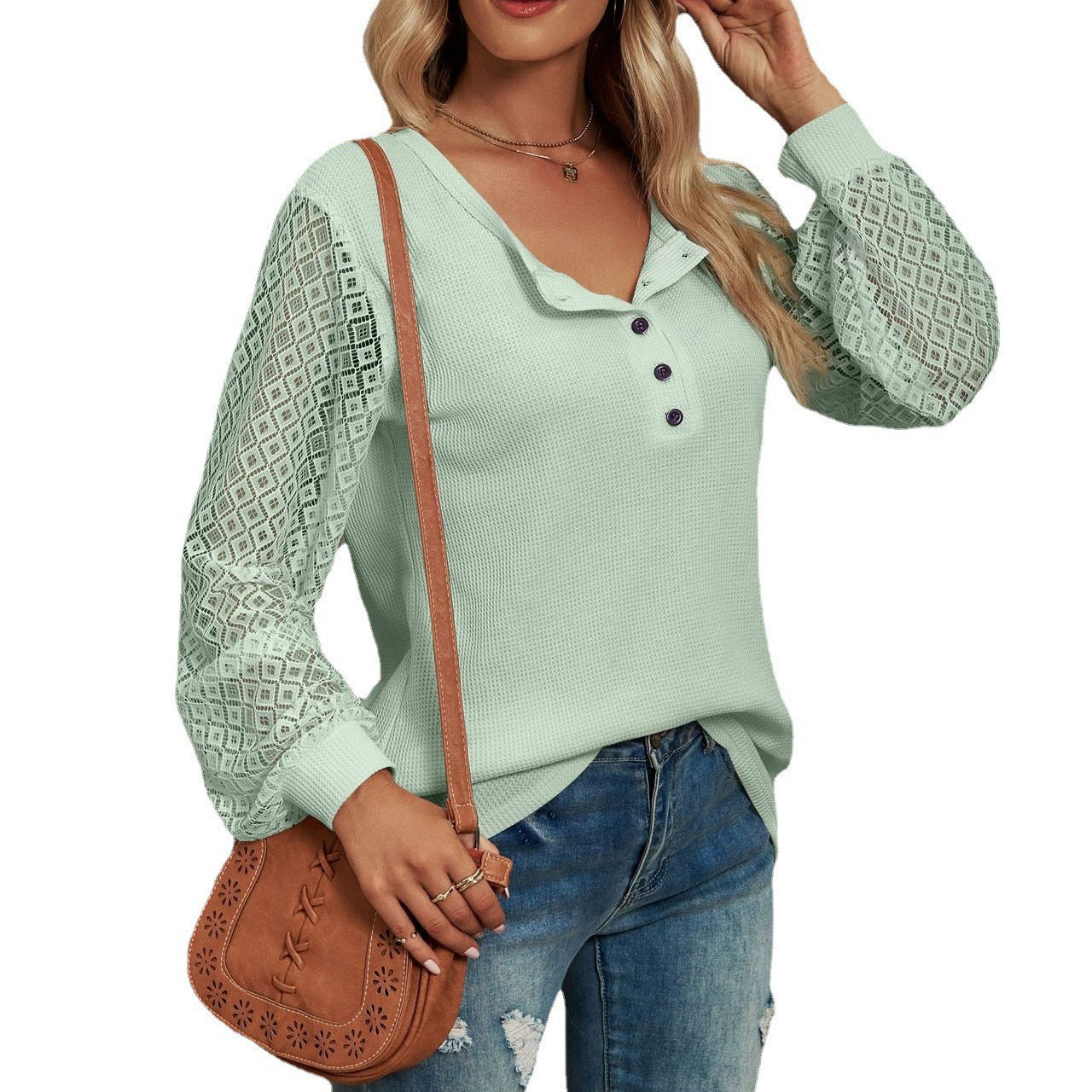 Women's Lace Stitching Long Sleeve Button T-shirt Blouses