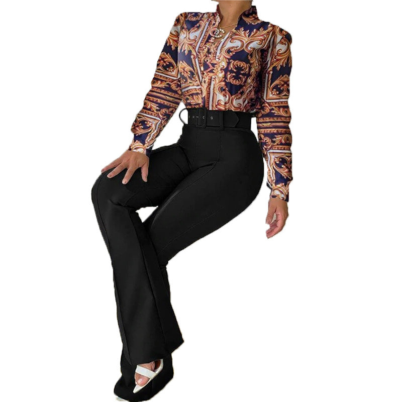 Women's Casual Printed Collar Long Sleeve Shirt Wide Leg Suits