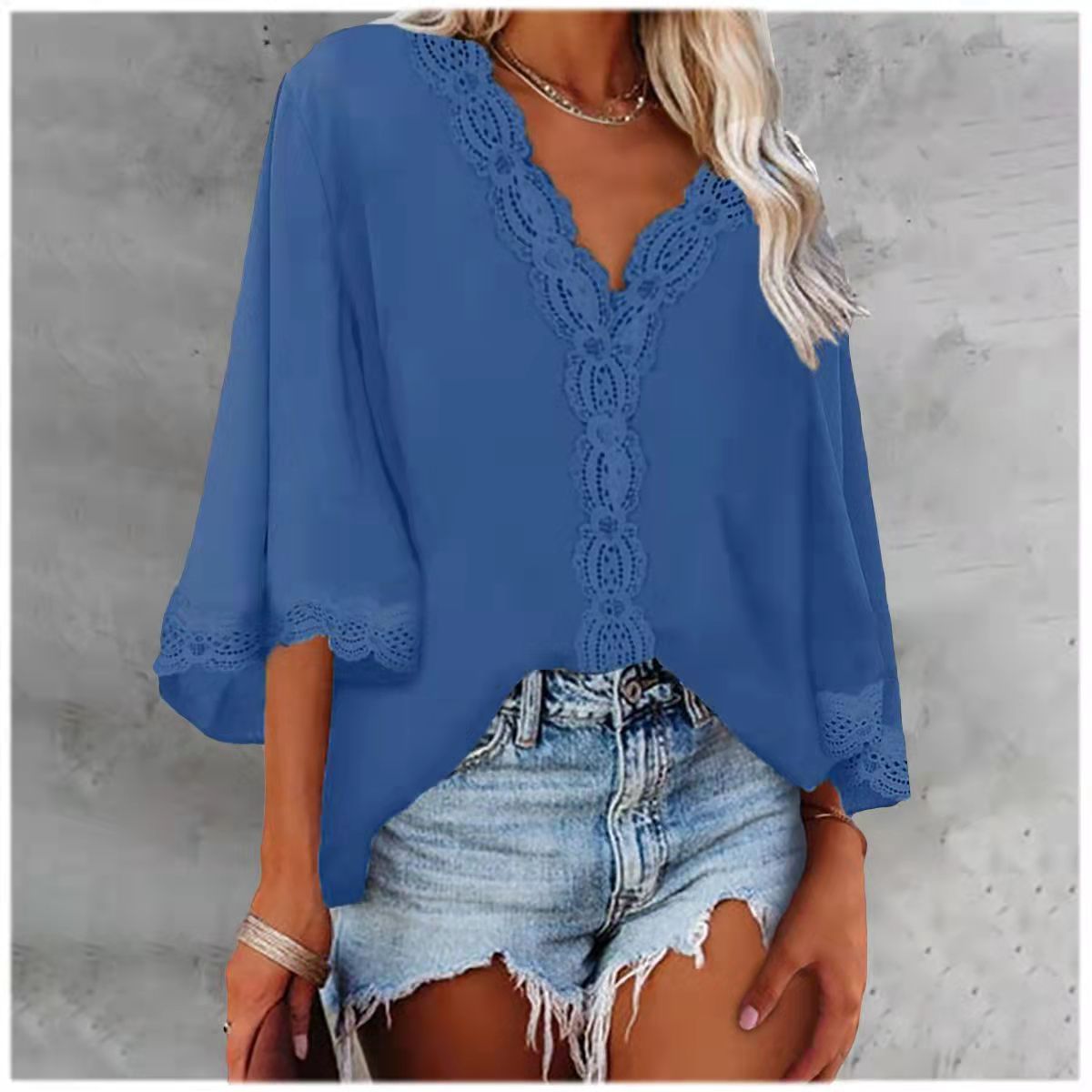 Women's Bell Sleeve V-neck Lace Loose Shirt Blouses