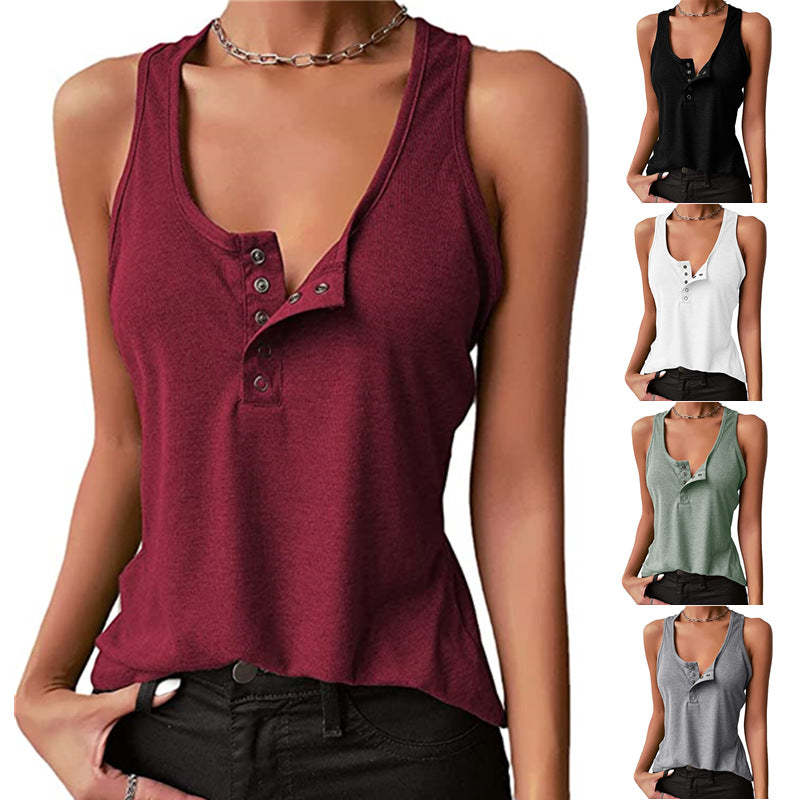 Women's Color Sexy Inner Outer Button T-shirt Tops