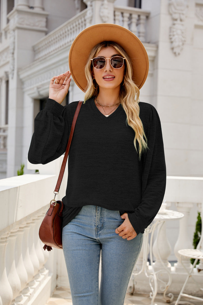 Women's Loose Casual Puff Sleeve V-neck Long Tops