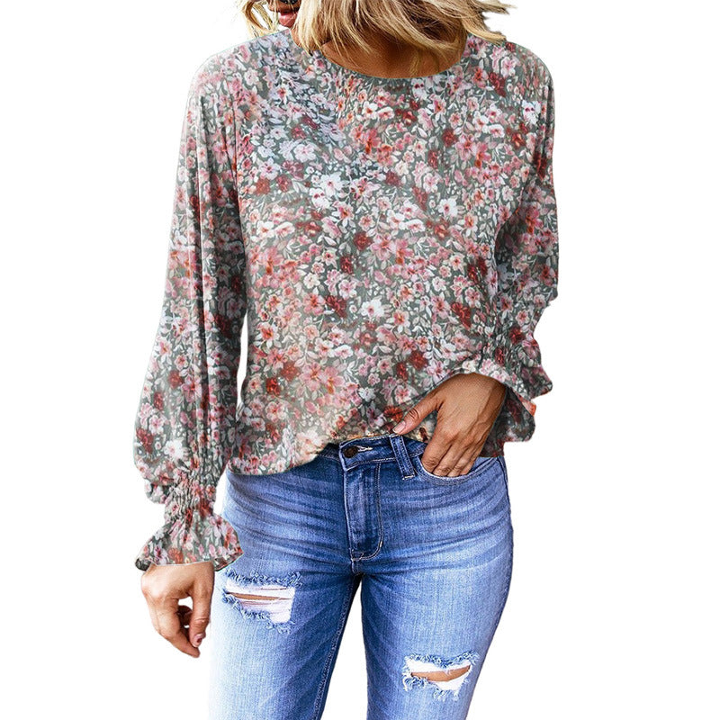 Women's Autumn Floral Round Neck Bishop Sleeves Blouses