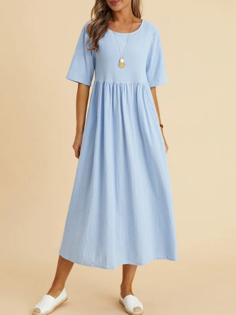 Women's Cotton Linen Pocket Half Sleeve Mid-length Dresses