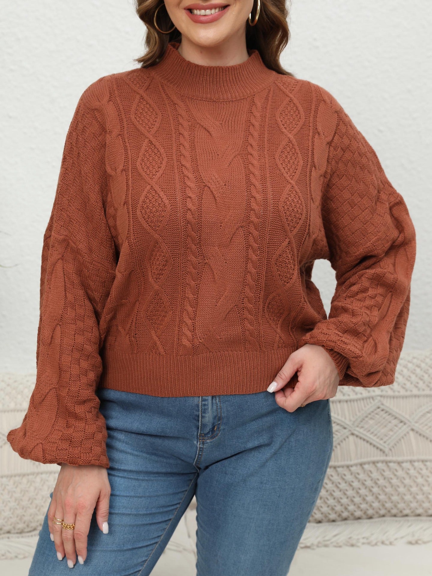 Gewebte Pullover mit halbem Rollkragen und Laternenärmeln für Damen