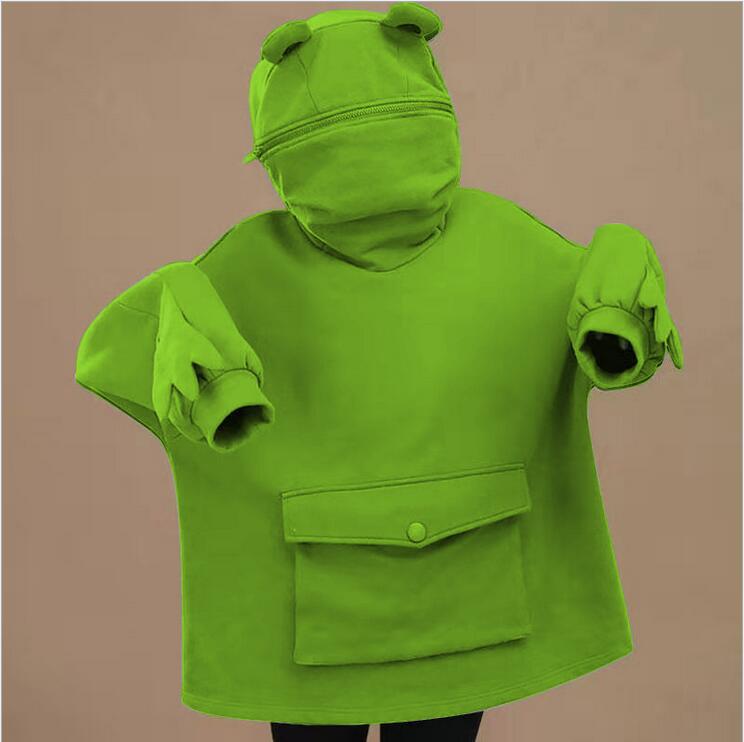 Women's Vacuum Brushed Hoody Mid-length Design Super Cute Frog Sweaters