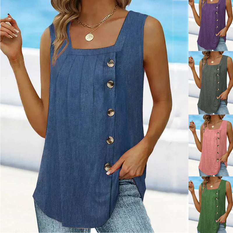 Women's Summer Pleated Square Collar Sleeveless Dovetail Blouses