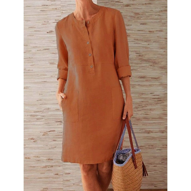 Women's Charming Spring Linen Round-neck Long-sleeved Dresses