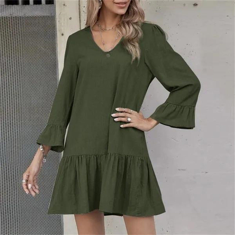 Women's Pleated Flared Half Sleeve Cotton And Dresses