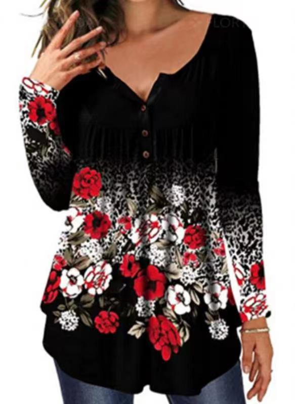 Women's Autumn Slim Fit Slimming Round Neck Breasted Flower Blouses