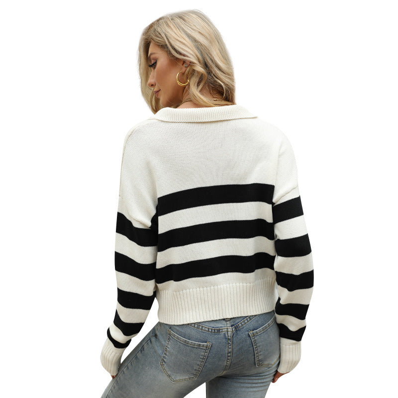 Women's Sleeve Collar Cotton Knitted Loose Striped Color Sweaters