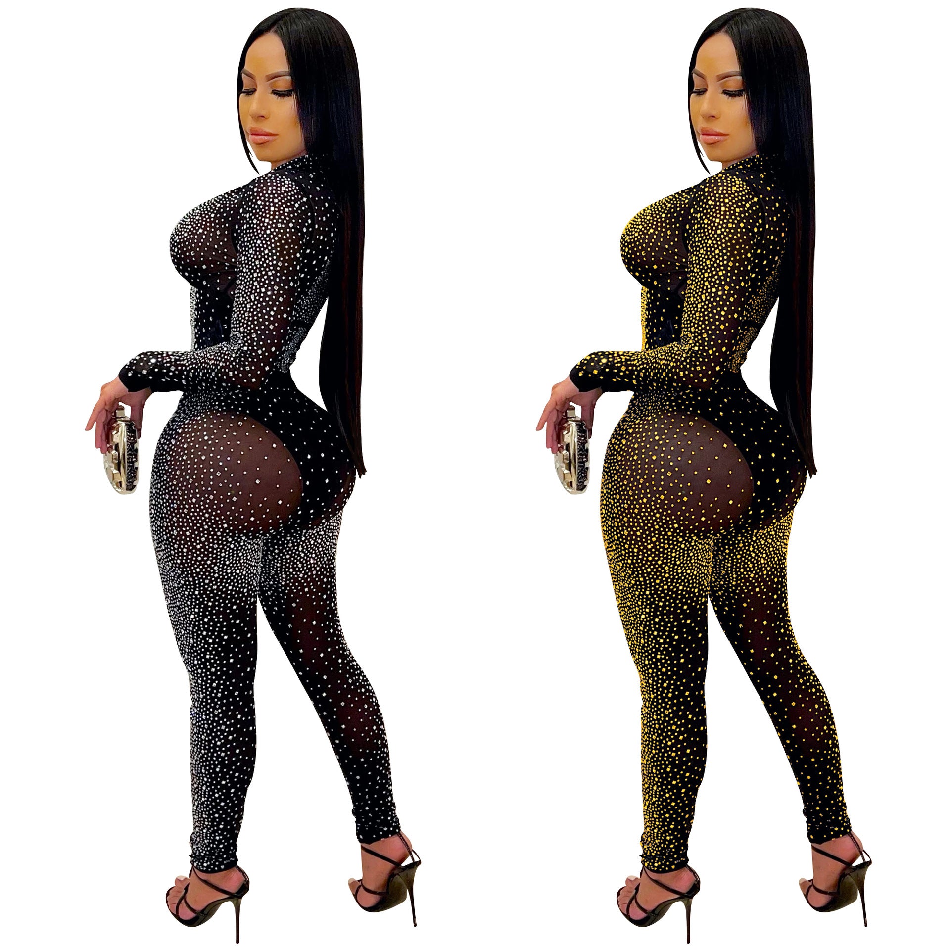 Women's Fashion Nightclub Rhinestone Long-sleeved Trousers Two-piece Suits