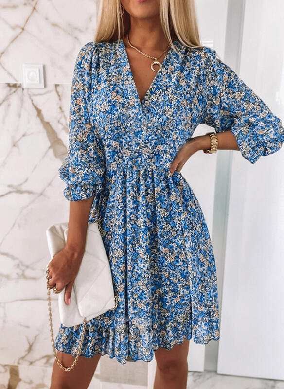 Pullover Print Sleeve Puff Mid-waist Floral Dresses