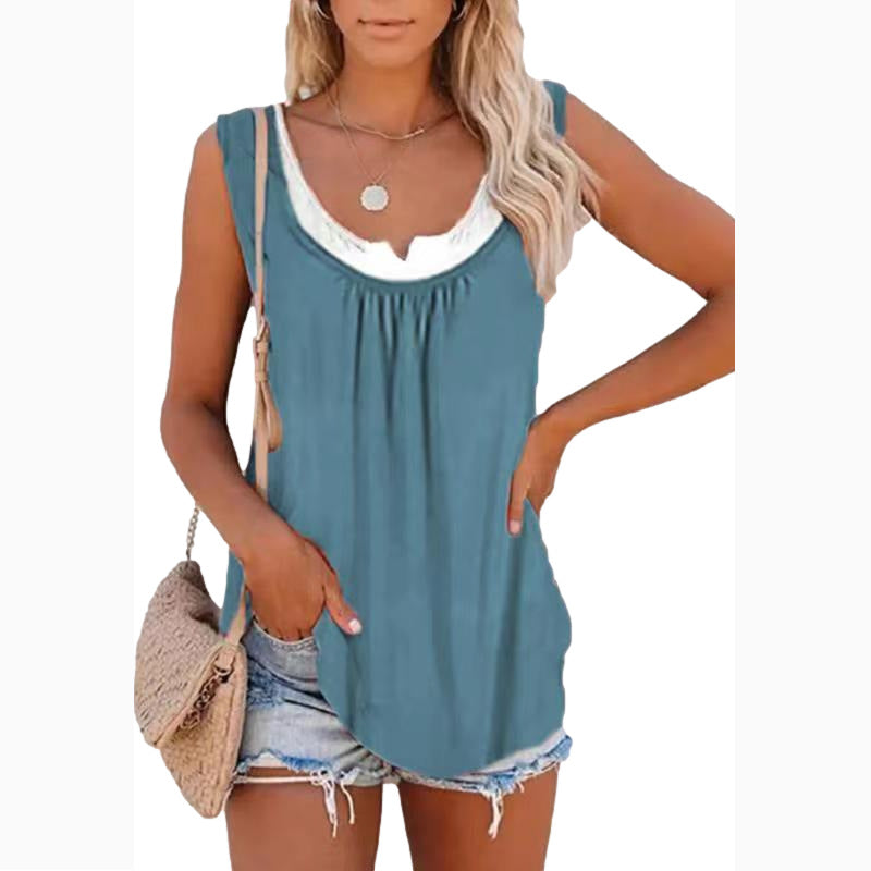 Women's Summer Solid Color Stitching Sleeveless Pleating Blouses