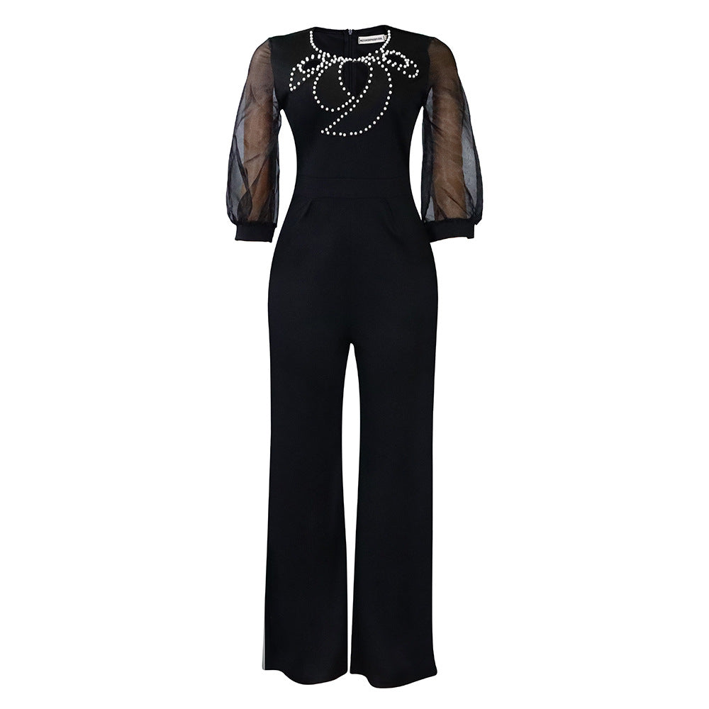 Women's Summer Sleeve Puff Beaded Sexy Wide Jumpsuits