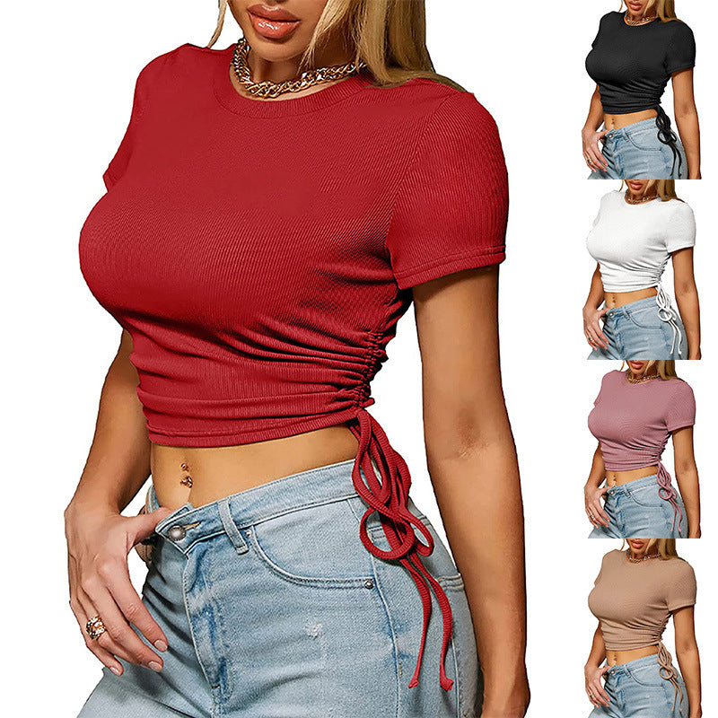 Women's Solid Color Round Neck Crop-top Sleeve Blouses