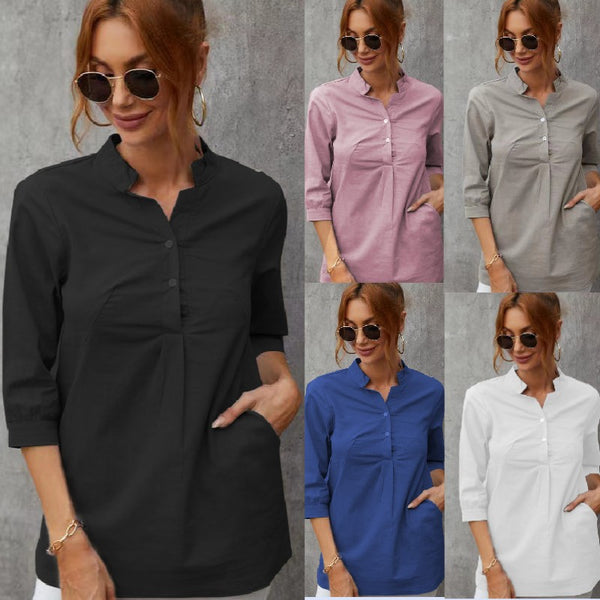 Women's Three-quarter Length Sleeve Stand Collar Cotton And Linen Leisure Blouses