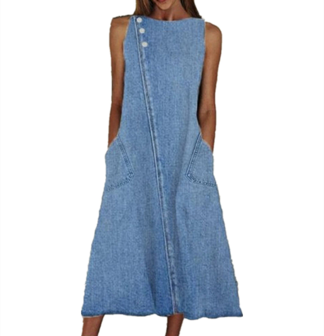 Round Neck Sleeveless Washed Denim Casual Plus Size