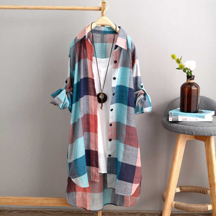 Women's Mid-length Large Loose Slimming Fashionable Plaid Blouses